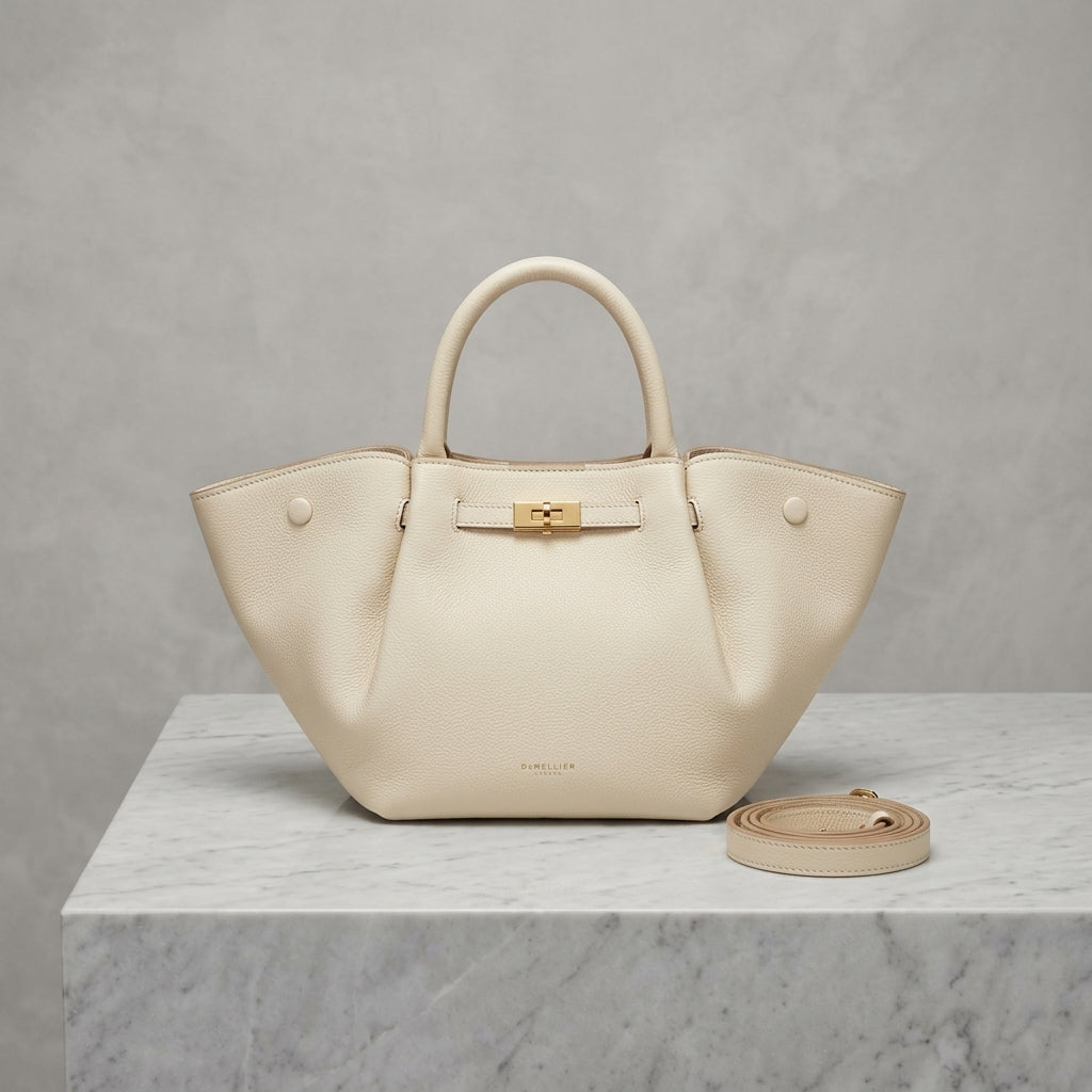 Structured Pebbled Leatherette Winged Tote Bag – Turn-Lock Top Handle Satchel