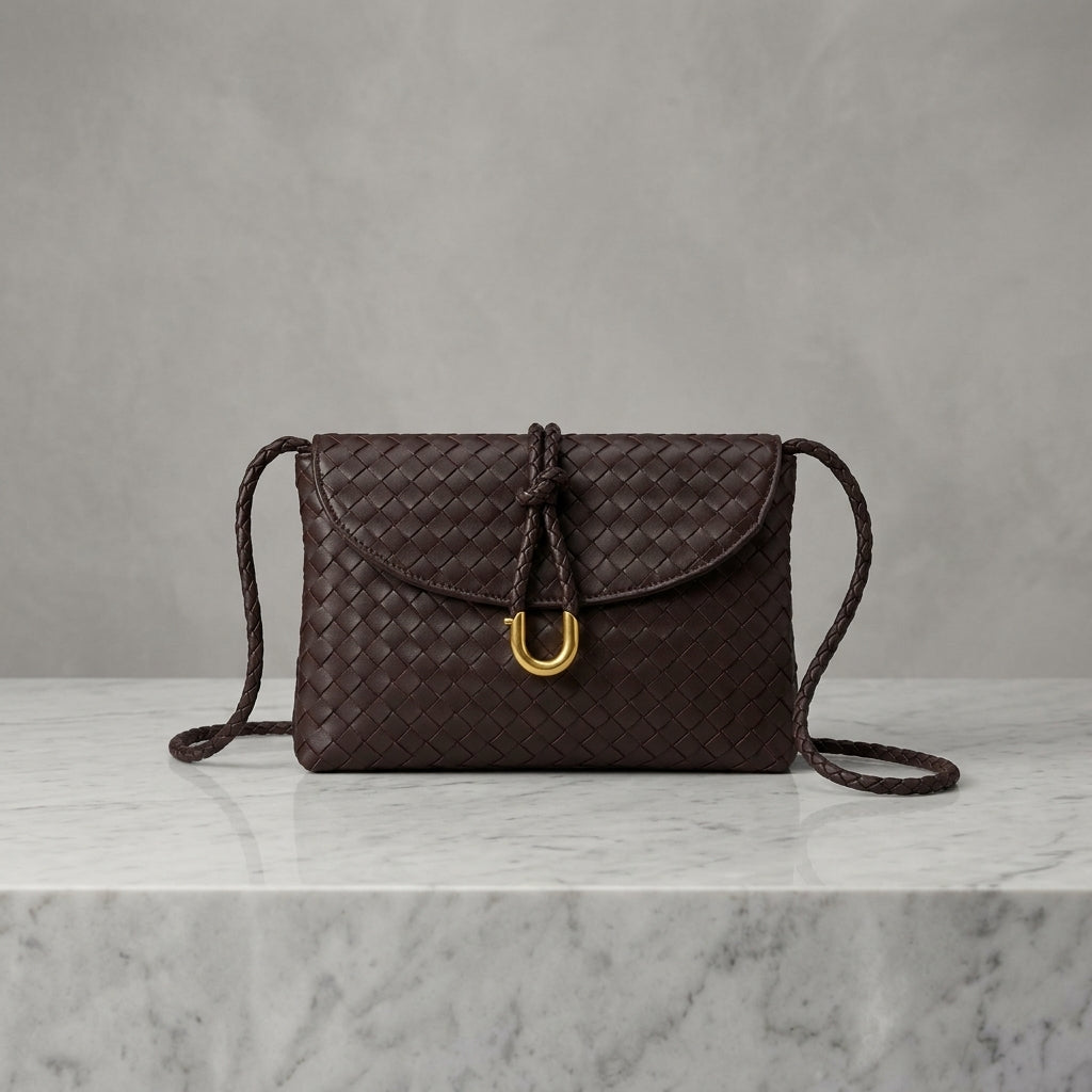 Woven Leatherette Crossbody Bag – Flap Shoulder Bag with Knot Detail