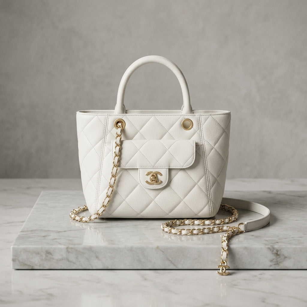 Quilted Leatherette Shopping Tote – Convertible Top-Handle Shoulder Bag with Chain Strap