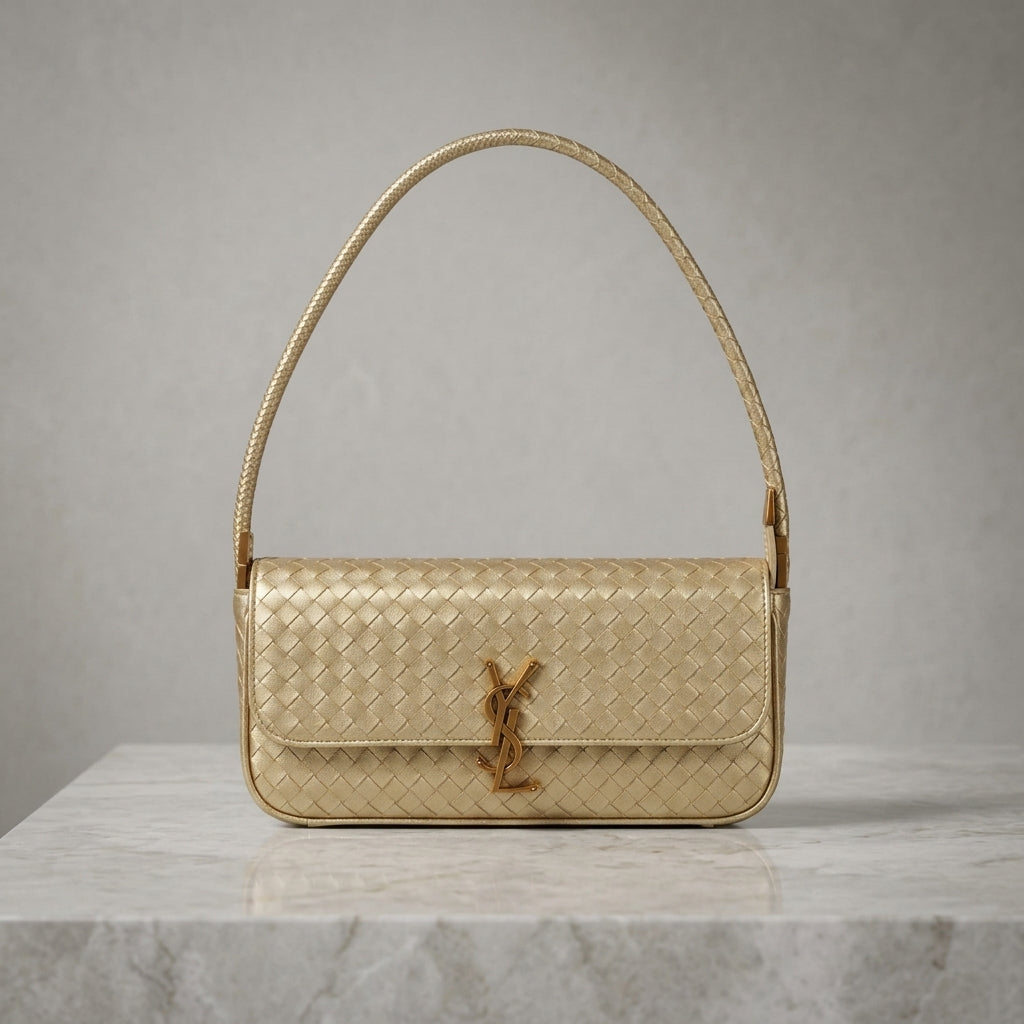 Woven Metallic Leatherette Shoulder Bag with Gold Hardware Accent