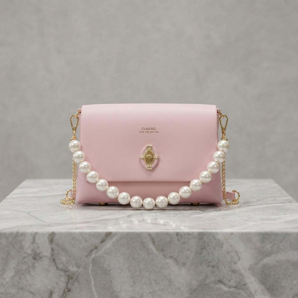 Classic Cream Flap Shoulder Bag with Pearl Accent & Gold Hardware