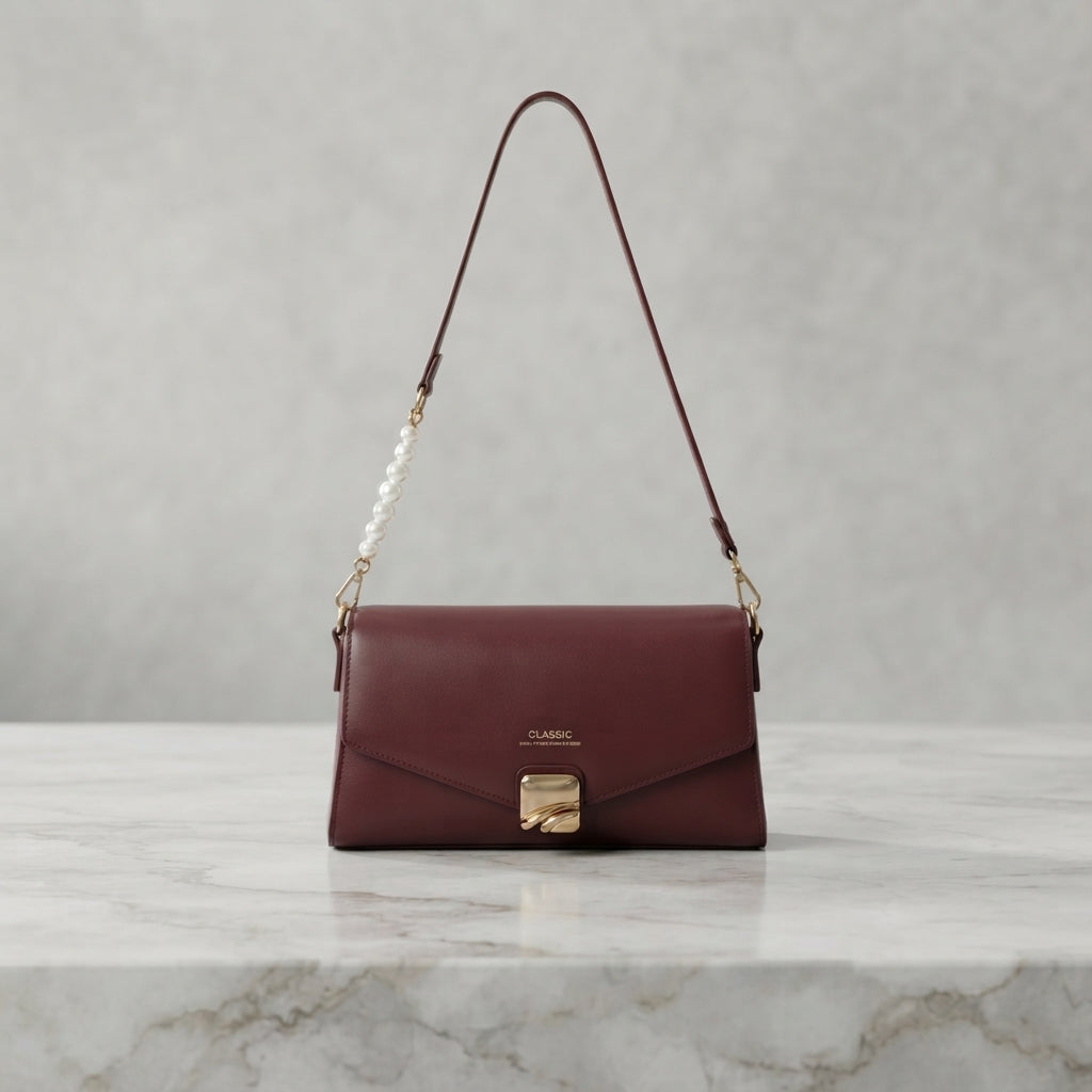 Classic Envelope Shoulder Bag with Pearl Accent & Gold Hardware Clasp