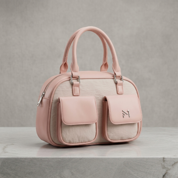 Pink and Beige Two-Tone Cargo Bowling Bag with Front Pockets