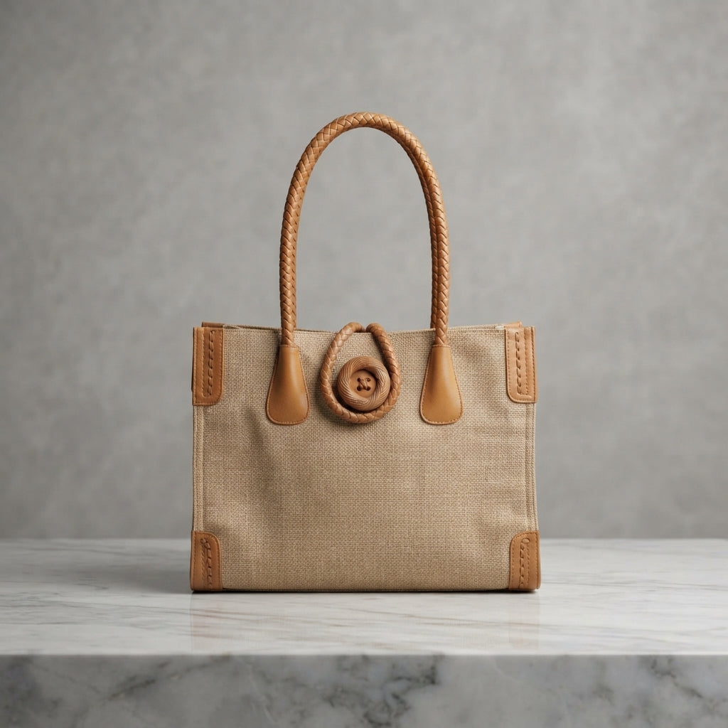 Rustic Canvas Tote Bag with Braided Handles & Button Clasp
