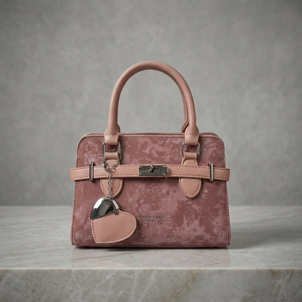 Dusty Pink Crushed Velvet Mini Satchel Bag with Turn-Lock & Heart Charm