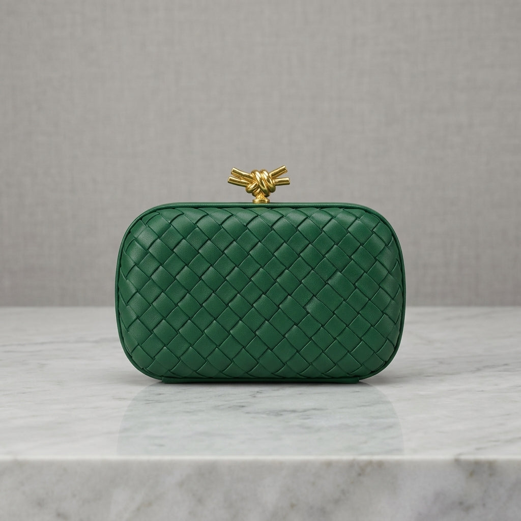 Woven Leatherette Box Clutch Bag – Knot Clasp Evening Minaudière
