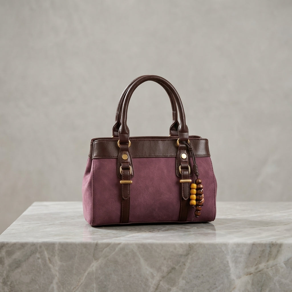 Dual-Tone Suede & Faux-Leather Satchel Bag with Beaded Tassel Accent