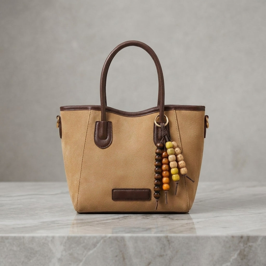 Vintage Suede Leatherette Tote Bag with Beaded Tassel Accent