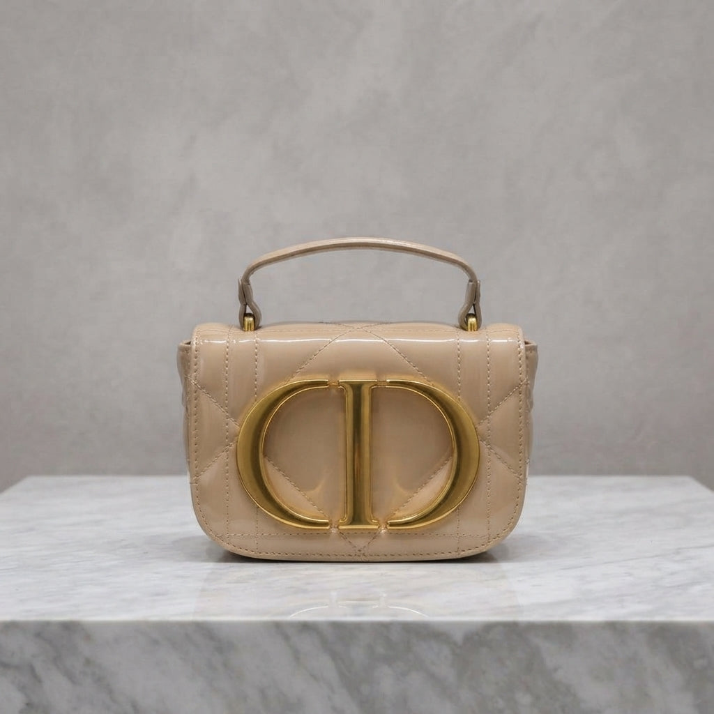 Quilted Glossy Flap Bag with Statement CD Hardware Emblem