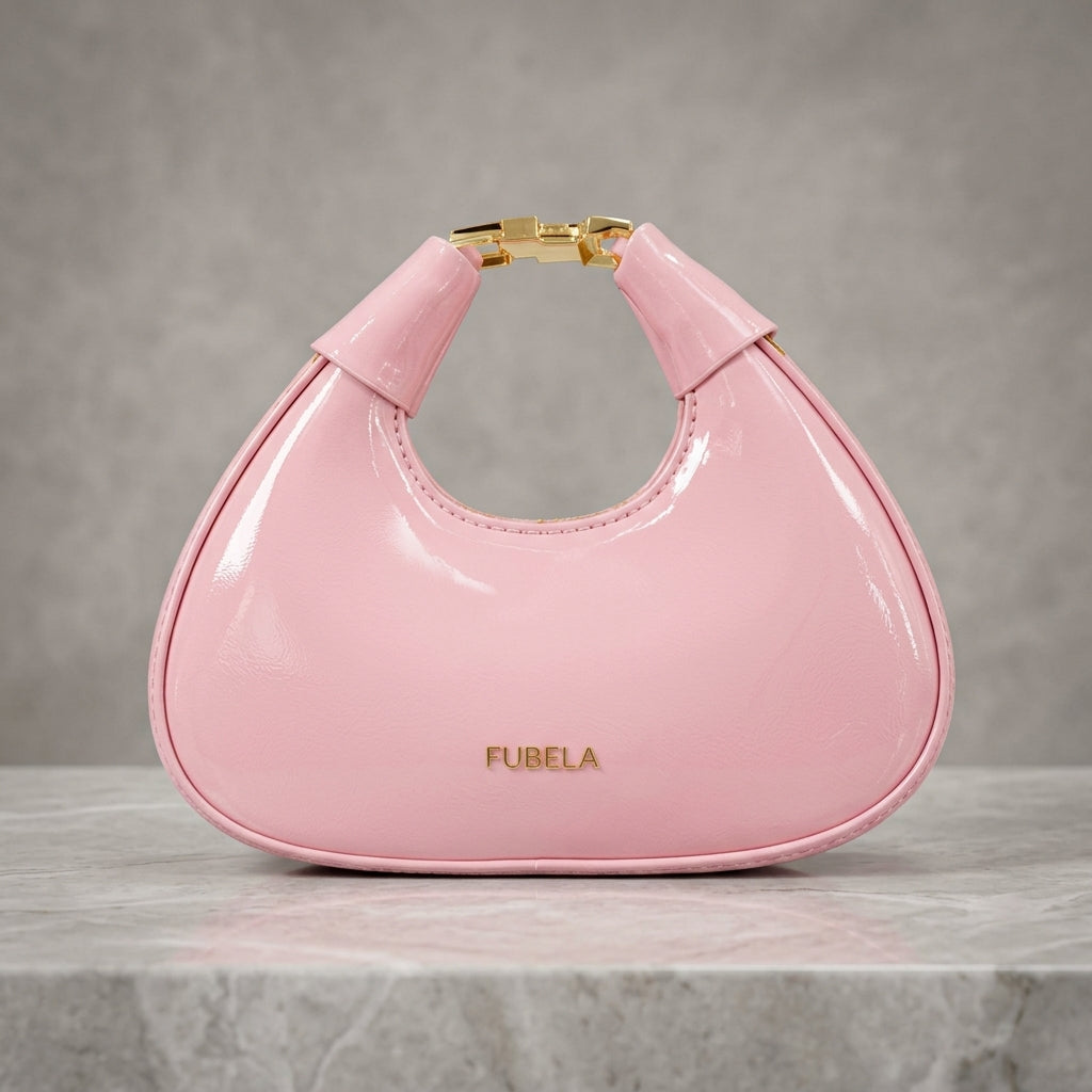 Glossy Patent Leatherette Curved Hobo Handbag