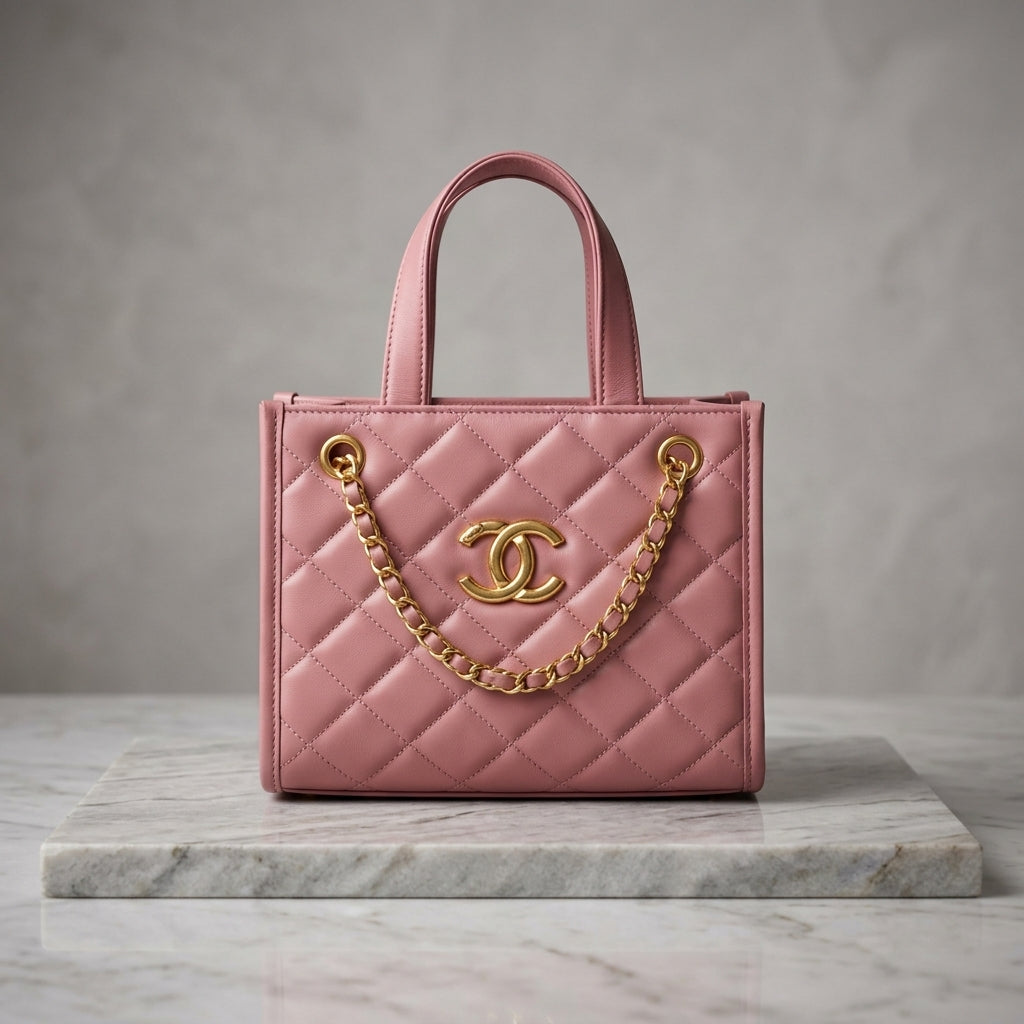 Quilted Leatherette Mini Tote Bag with Gold Chain Detail