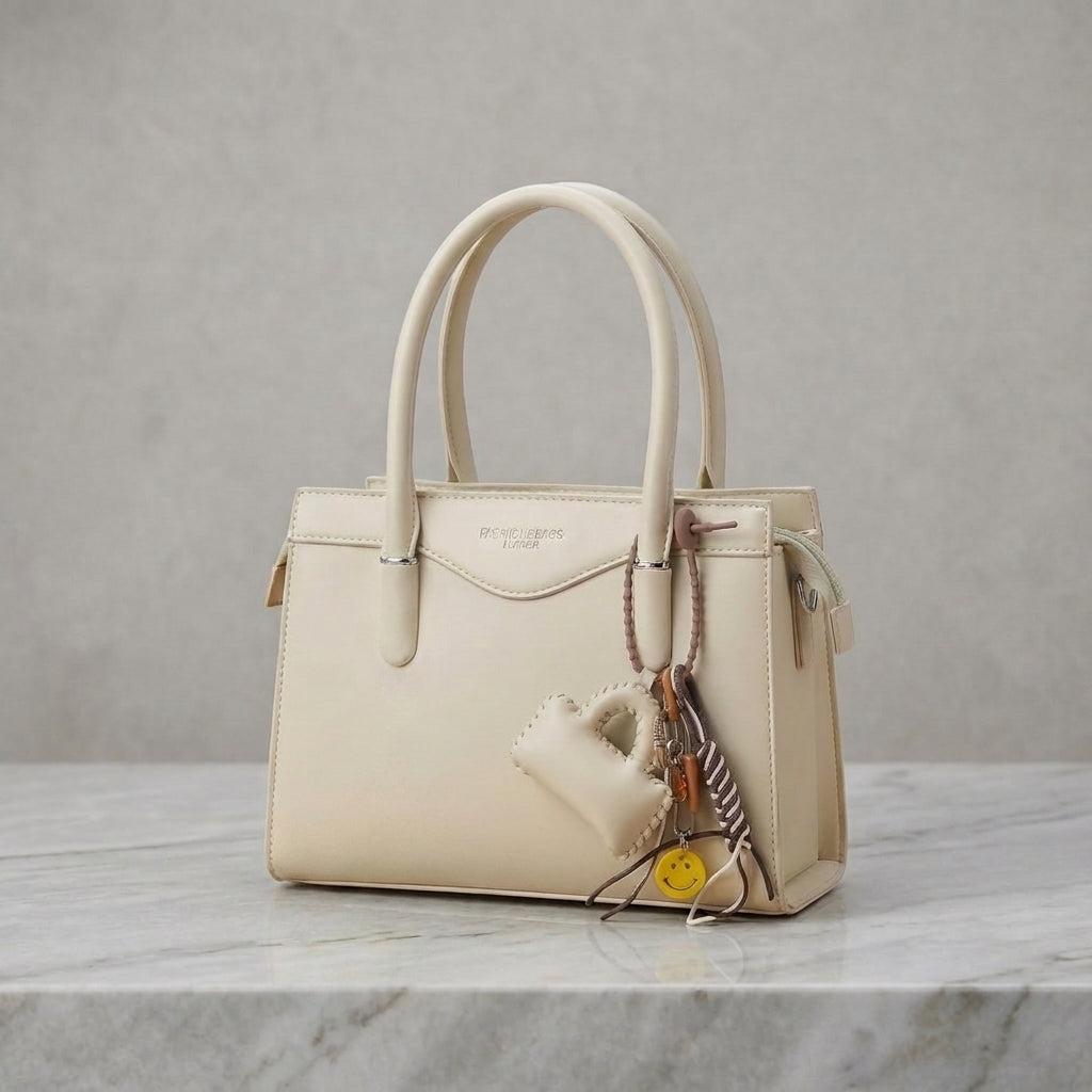 Structured Taupe Leatherette Satchel Hand Bag with Mini Pouch & Smiley Charm