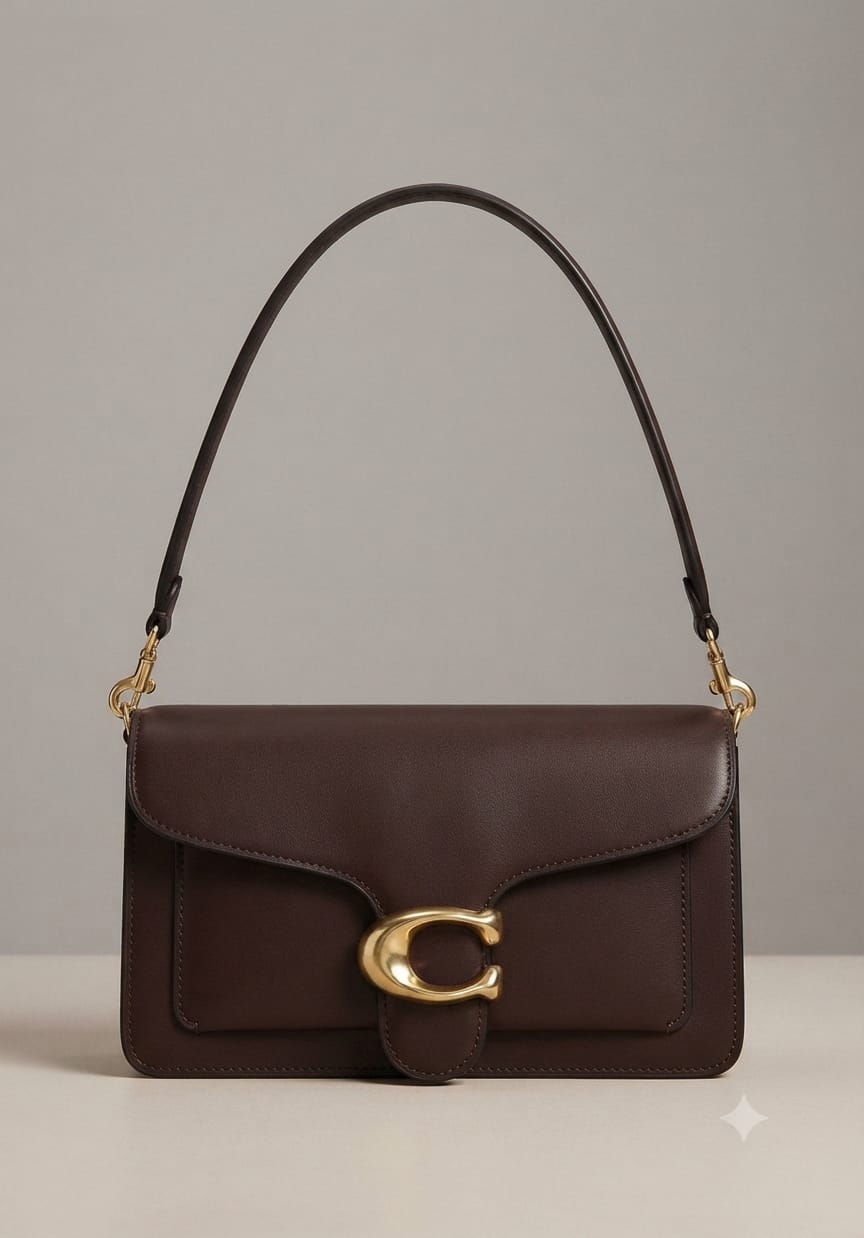 A dark brown leather handbag with a gold-tone C-shaped hardware clasp and a thin shoulder strap, shown against a neutral gray background.