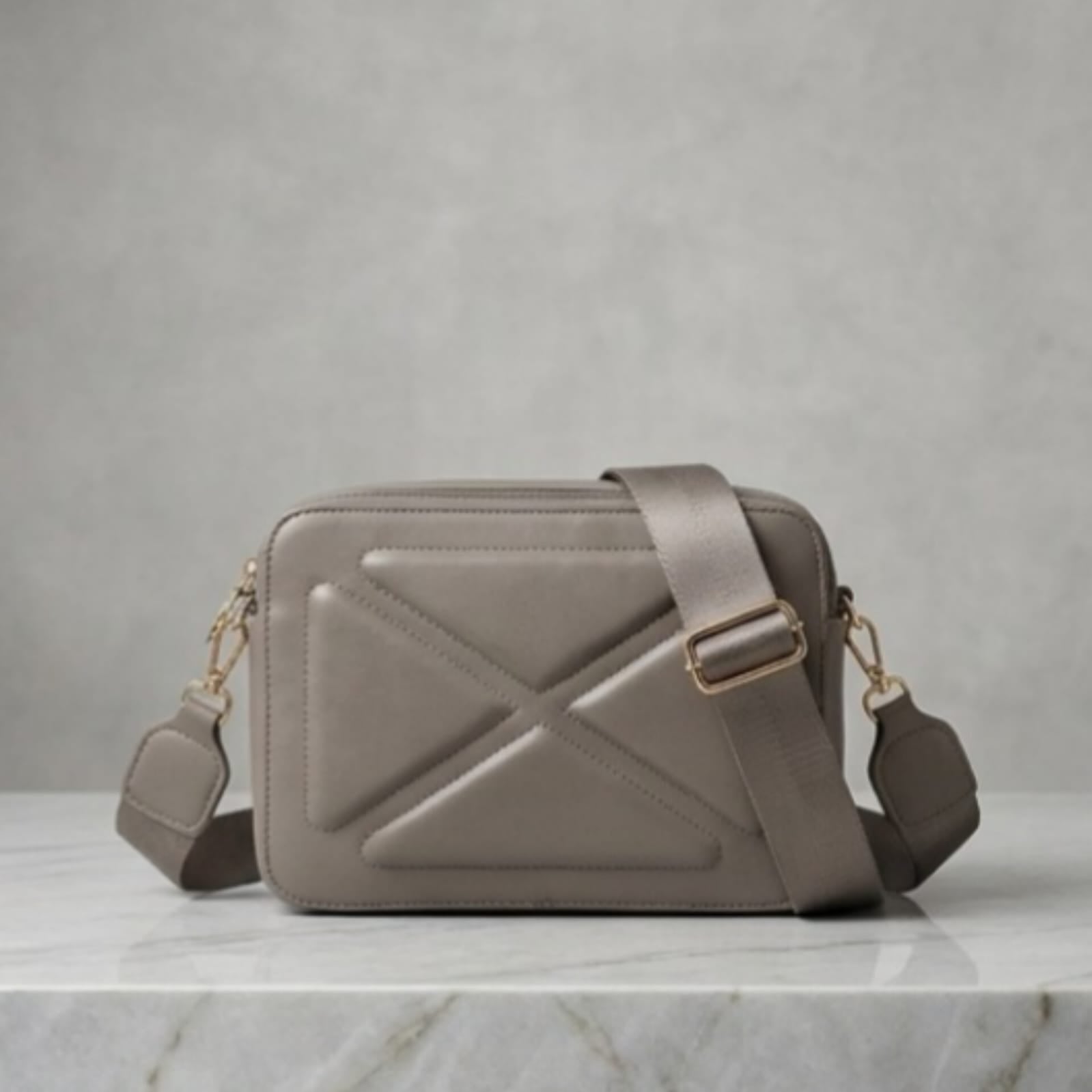 Charcoal Beige Saffiano Camera Crossbody Bag with Coin Purse & Wide Strap