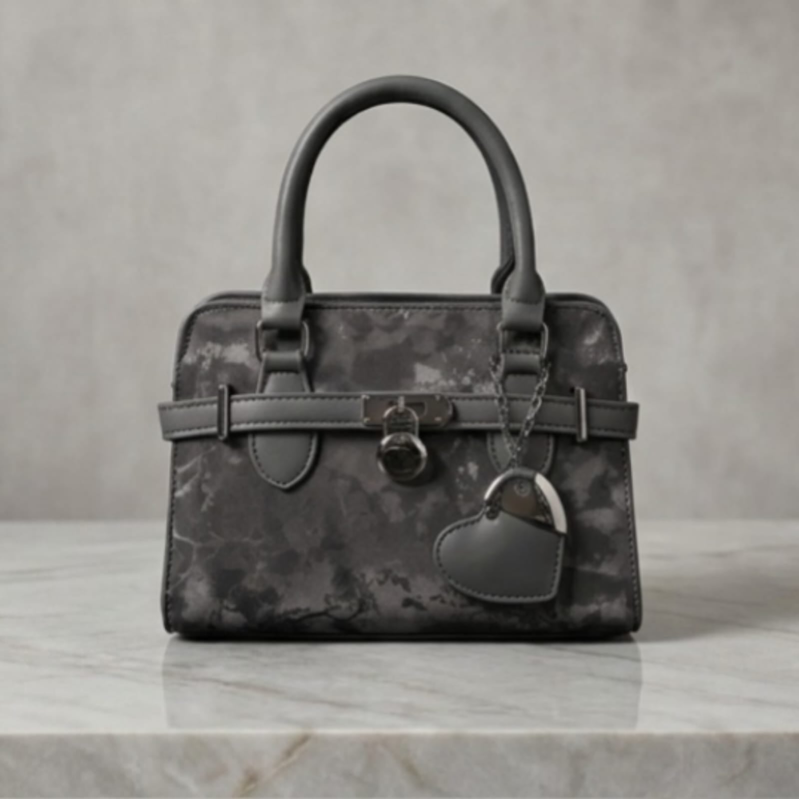 A structured top-handle handbag in dark gray and black marbled leather, featuring a front strap closure with a circular clasp and a hanging heart-shaped charm, displayed on a light marble surface against a textured gray background.