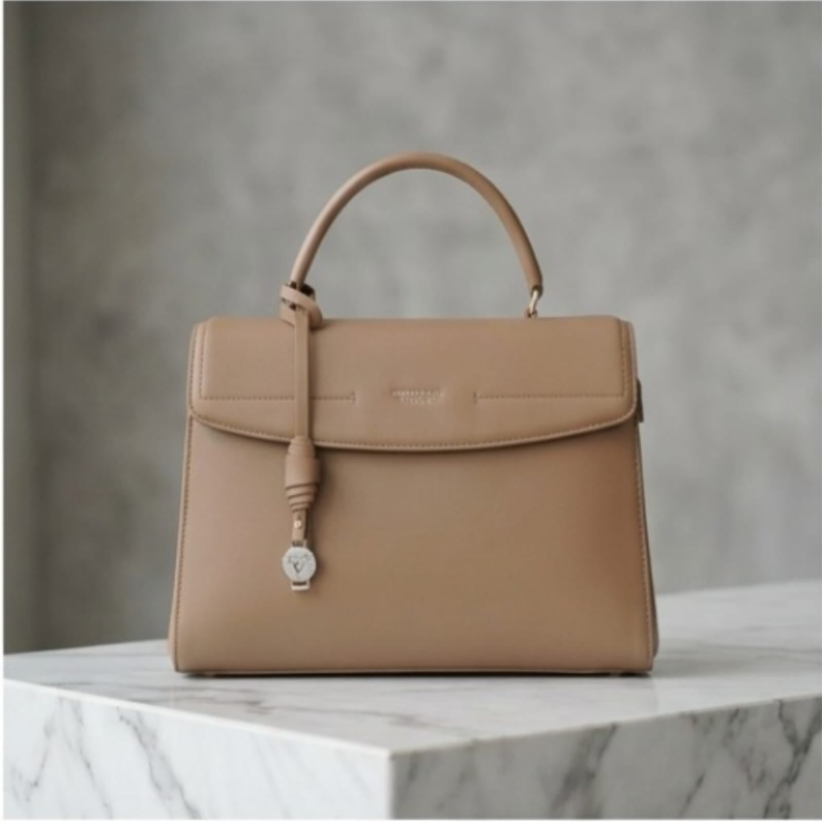 Cognac Tan Flap Satchel Bag with Top Handle & Knotted Tassel Charm - Women Classic Handbag
