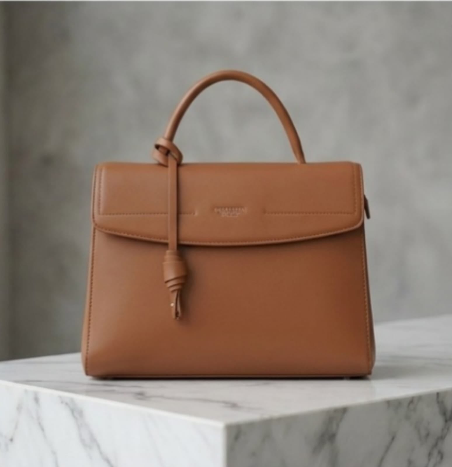 Cognac Tan Flap Satchel Bag with Top Handle & Knotted Tassel Charm - Women Classic Handbag