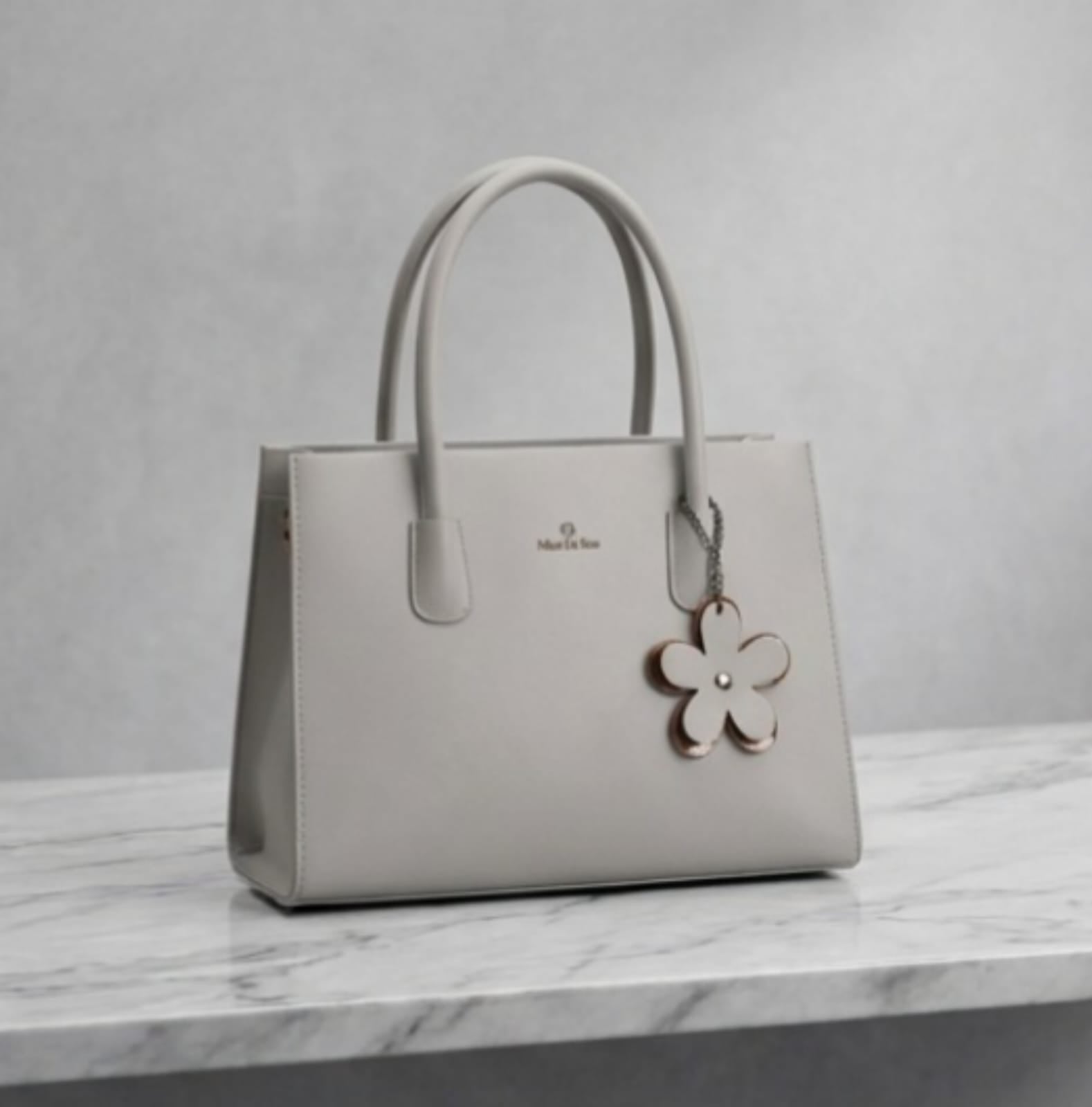 Pink Structured Top Handle Satchel Bag with Flower Charm