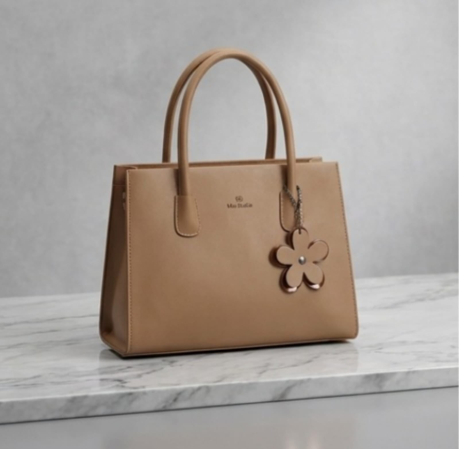 Pink Structured Top Handle Satchel Bag with Flower Charm