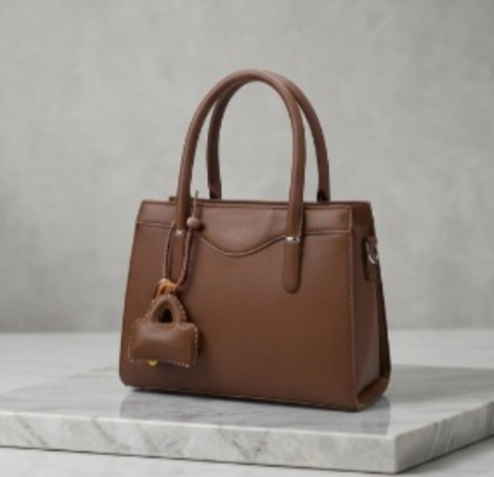 Structured Taupe Leatherette Satchel Hand Bag with Mini Pouch & Smiley Charm