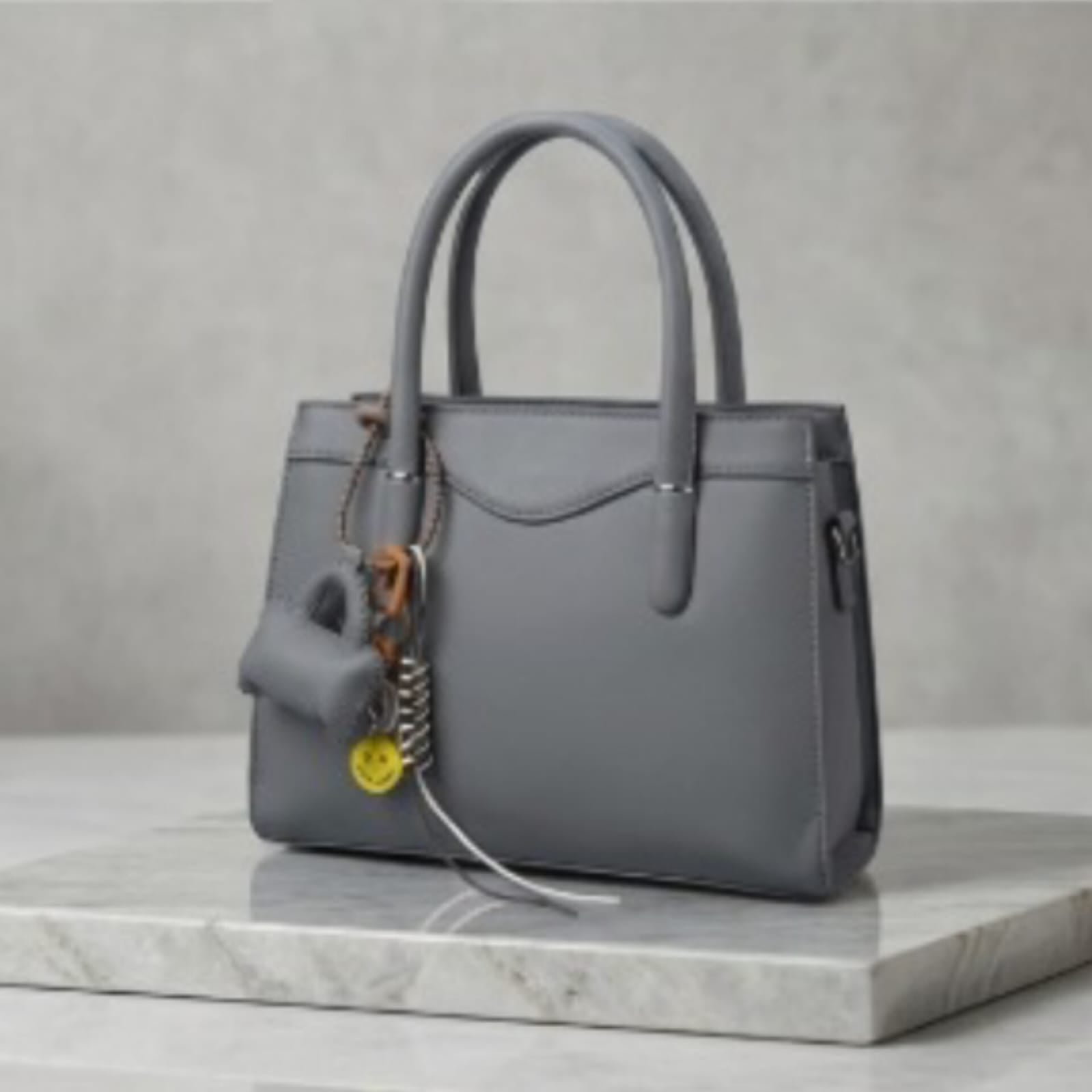 Structured Taupe Leatherette Satchel Hand Bag with Mini Pouch & Smiley Charm
