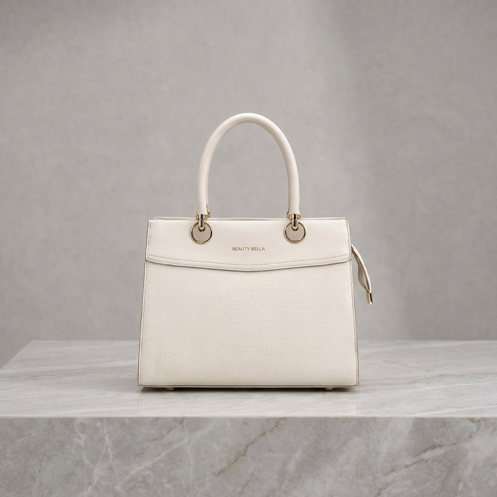 An off-white textured leather handbag by Beauty Bella, featuring a structured rectangular shape, top handle, and gold-tone hardware, displayed on a marble surface against a gray textured background.