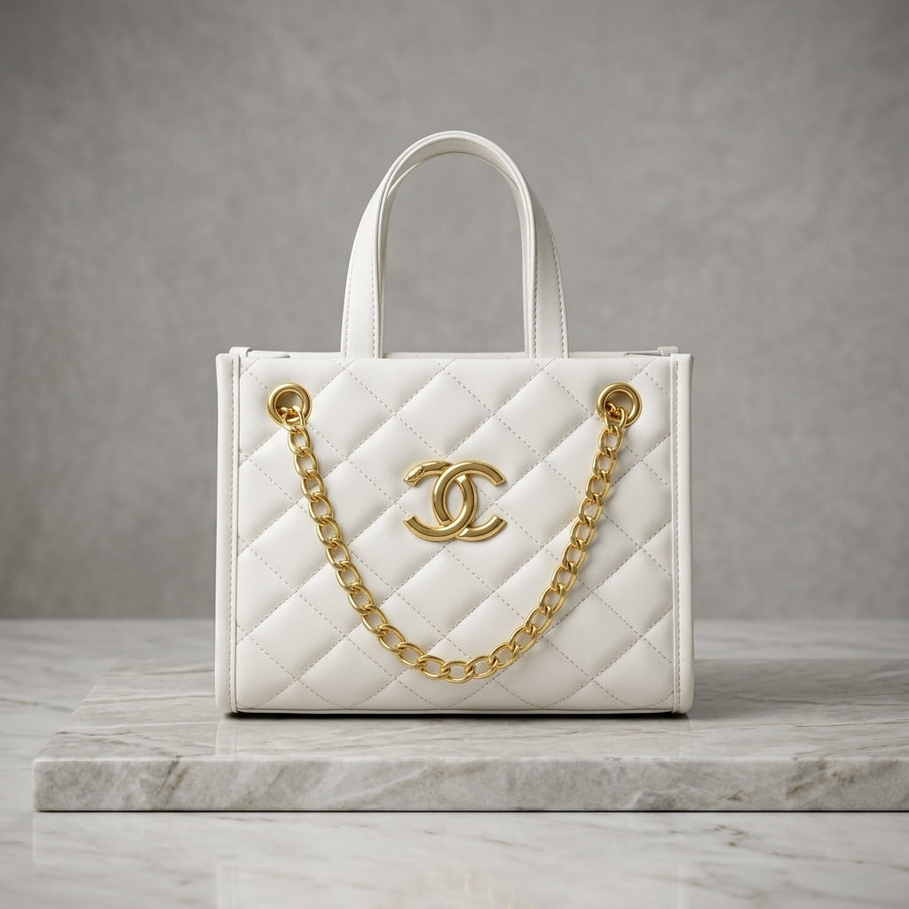 Quilted Leatherette Mini Tote Bag with Gold Chain Detail