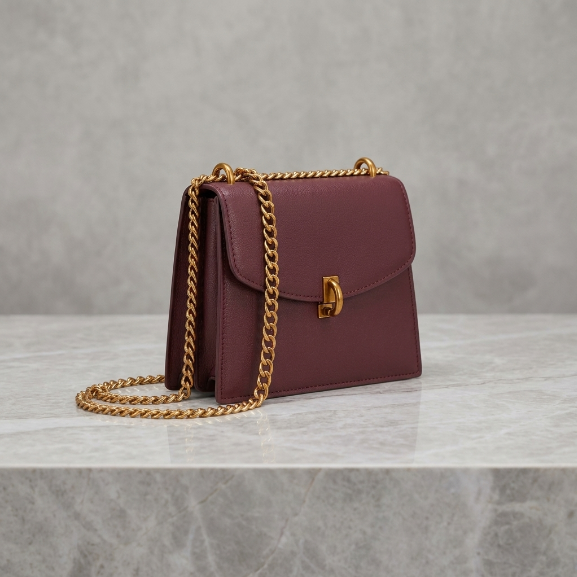 Women Burgundy Leather Shoulder Bag with Gold Chain Strap