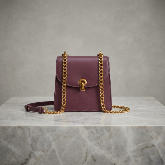 Women Burgundy Leather Shoulder Bag with Gold Chain Strap