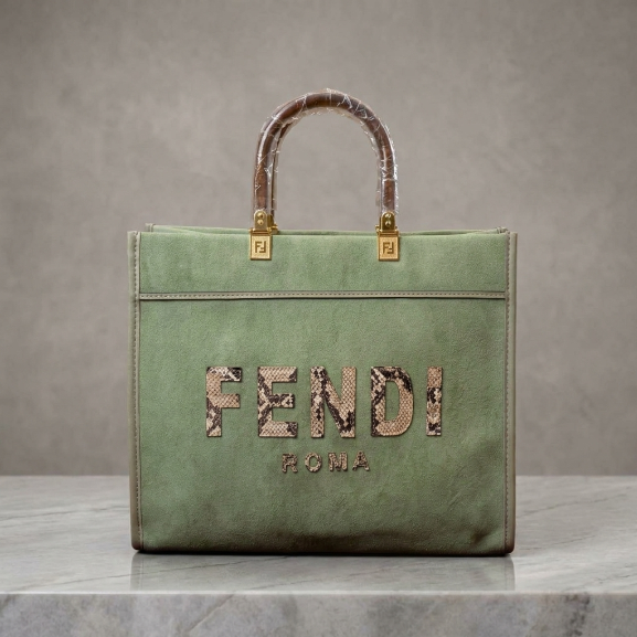 Sage Green Suede Tote Bag with Python Detail & Tortoise Handles