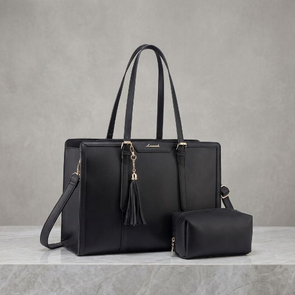 Classic Black Structured Laptop Work Tote with Tassel Charm