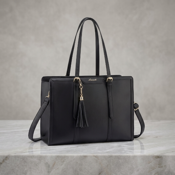 Classic Black Structured Laptop Work Tote with Tassel Charm