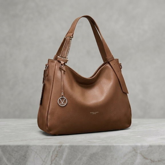 Cognac Leather Slouchy Hobo Shoulder Bag with Metallic Charm