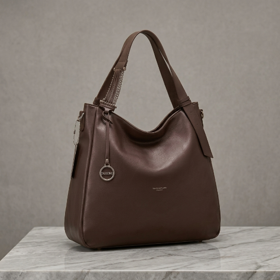 Cognac Leather Slouchy Hobo Shoulder Bag with Metallic Charm