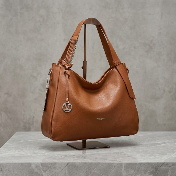 Cognac Leather Slouchy Hobo Shoulder Bag with Metallic Charm